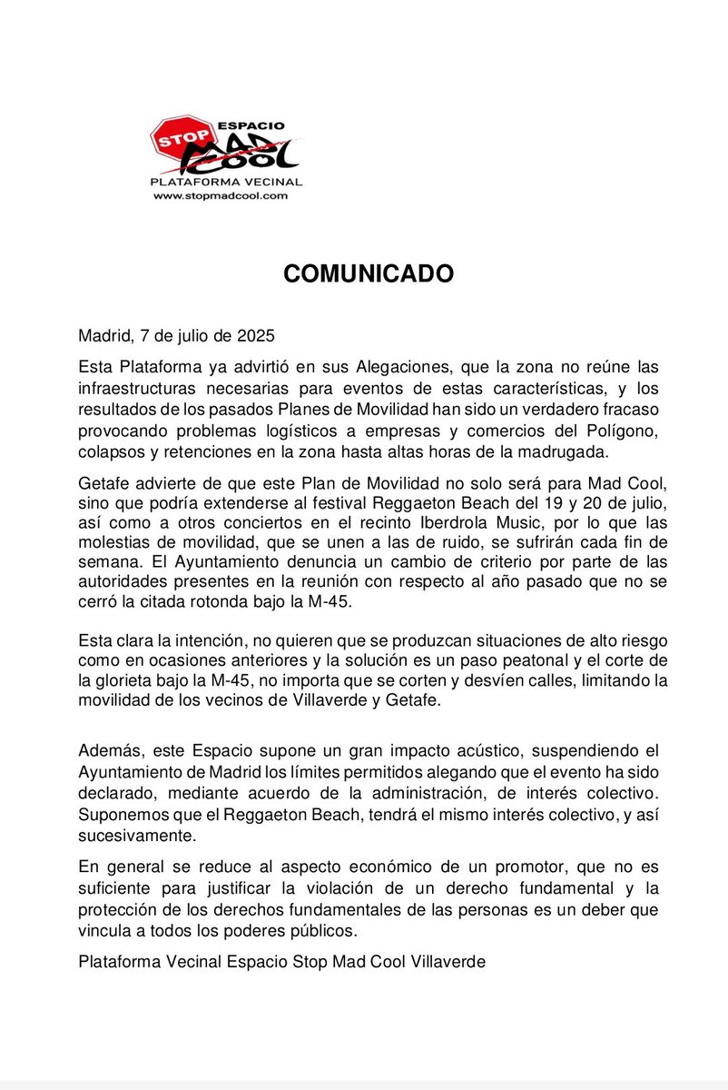 Comunicado. 
<a href="/NorteAv/">AV Getafe Norte</a> <a href="/StopMadcool_23/">Plataforma StopMadcoolVillaverde</a>

<a href="/DGobiernoMadrid/">Delegación del Gobierno en Madrid 🏛️</a> <a href="/IdiazAyuso/">Isabel Díaz Ayuso</a>  <a href="/AlmeidaPP_/">José Luis Martínez-Almeida</a>  <a href="/DefensorPuebloE/">Defensor del Pueblo</a>
<a href="/guardiacivil/">Guardia Civil</a>  <a href="/policia/">Policía Nacional</a>  <a href="/policiademadrid/">Policía Municipal de Madrid</a> <a href="/BomberosMad/">Bomberos Madrid</a>