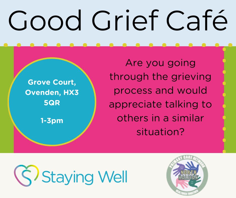 Are you going through the grieving process and would like to talk to others in a similar situation?

The Good Grief Café is on TOMORROW at Grove Court, Ovenden between 1-3pm. 

You can find out more here 👇
northhalifaxpartnership.org/events/good-gr…

#CommunityEvent #Grieving