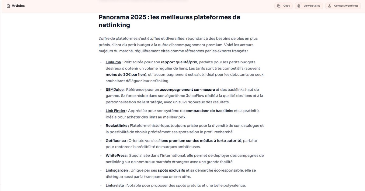 Là on a pratiquement fini le SaaS de gestion de contenus SEO ! C'est un agent IA complet qui s'occupe en autopilot de tout ce qui va être lié au contenu, et rédige dans le même style que celui du site sur lequel il est, adapté à l'audience, aux services et à l'intention :D