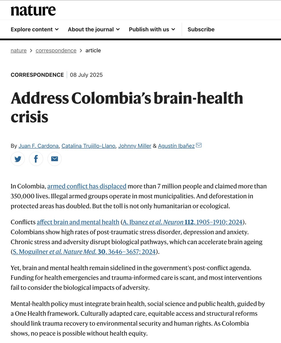 Agustin Ibañez (@agustinmibanez) on Twitter photo The neurosyndemics of polarization, violence,  displacement, migration, inequality, and narcotrafficking seen in Colombia are unfolding worldwide. Today in <a href="/Nature/">nature</a>, we call for addressing the invisible toll on mental and brain health. More coming soon. nature.com/articles/d4158… The neurosyndemics of polarization, violence,  displacement, migration, inequality, and narcotrafficking seen in Colombia are unfolding worldwide. Today in <a href="/Nature/">nature</a>, we call for addressing the invisible toll on mental and brain health. More coming soon. nature.com/articles/d4158…