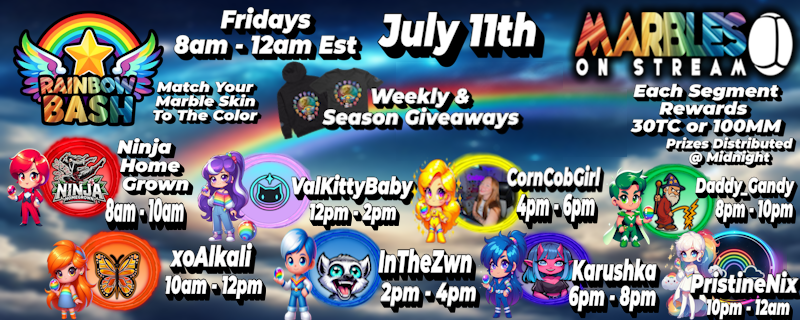 pristinenix's tweet image. 🌈✨ Join the Rainbow Bash Season 2 – July 11th, 2025!✨🌈

Race with us in Marbles on Stream from 8am – 12am EST 🏁💫The Color Kids bring you a full day of color, fun, and rolling vibes! 🎉 Match your skin and cheer as marbles race for rainbow glory! 🌟

🎨 Lineup:
8 am - 10am :…