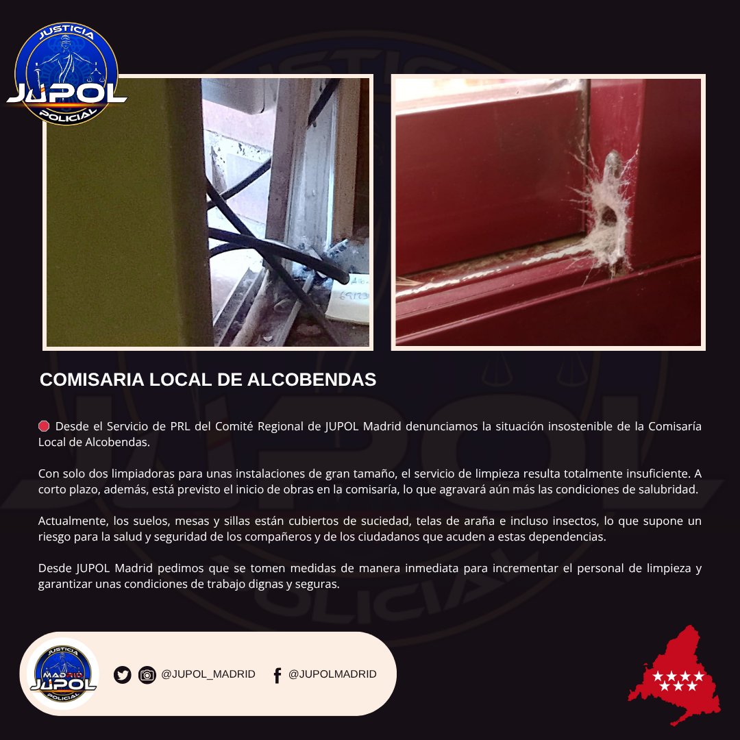 ✅ ¡CONSEGUIDO!

Gracias a las quejas y peticiones de JUPOL, se va a reforzar de forma inminente el servicio de limpieza en la CL de Alcobendas

🧹Una medida necesaria para que se trabaje con limpieza y confort, y no entre suciedad

💪Seguimos trabajando por tus condiciones