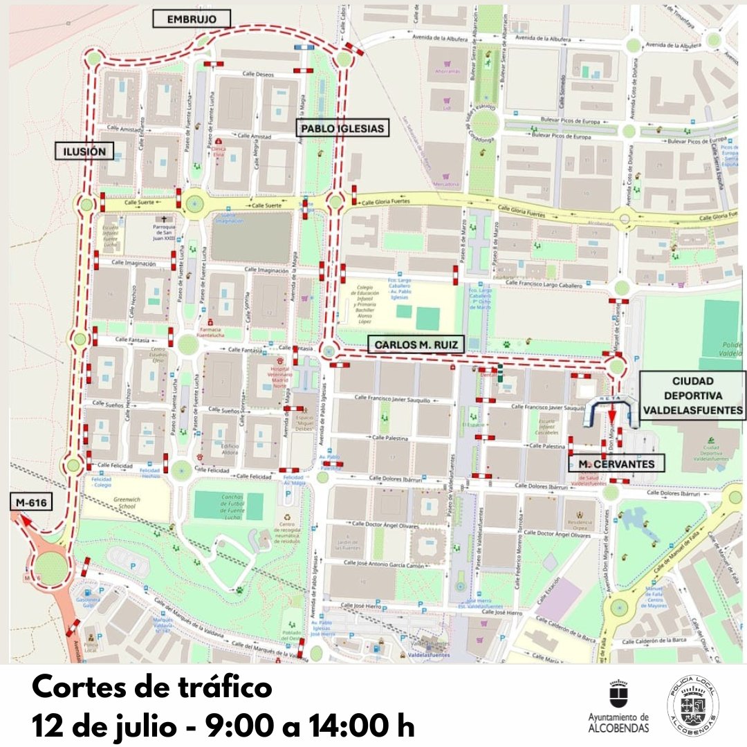 🚧 Cortes de tráfico previstos el sábado 12 de julio debido a la celebración de una carrera contrarreloj dentro de la Vuelta Ciclista a la <a href="/ComunidadMadrid/">Comunidad de Madrid</a>
🕒 Cortes de tráfico de 09:00 a 14:00 h
📍 Circuito con salida/llegada en Valdelasfuentes
ℹ️ Recomendamos transporte público