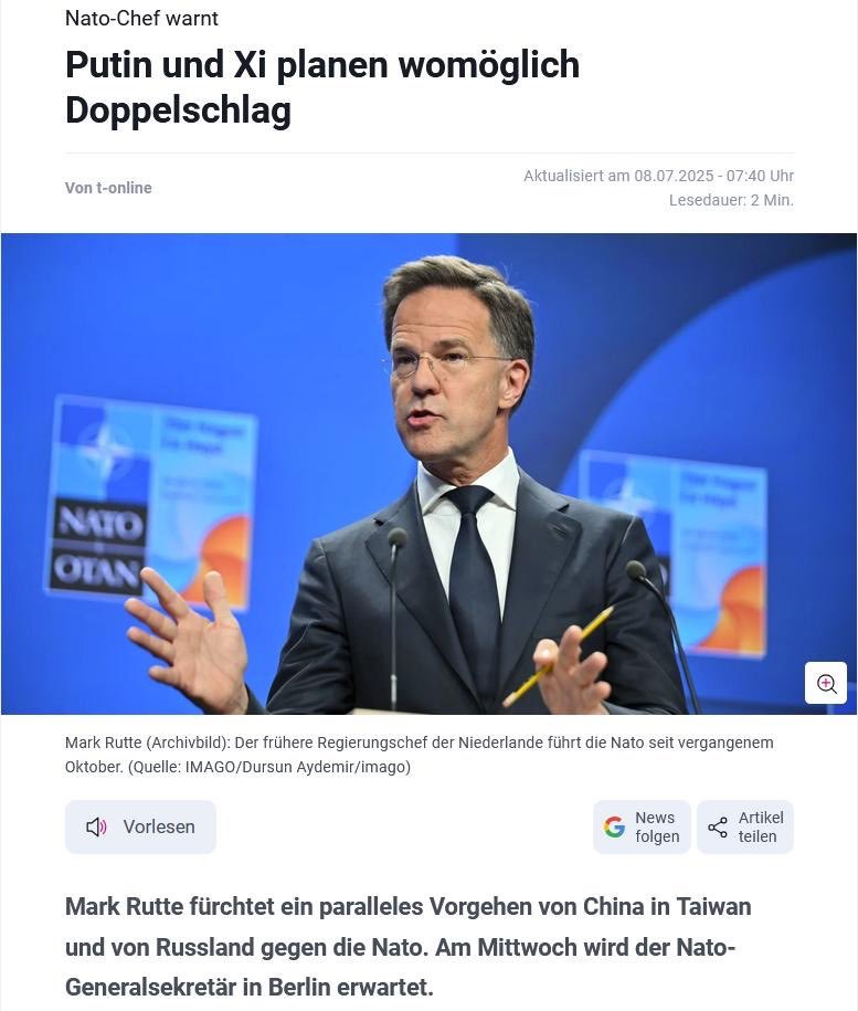 FriederikeBenda's tweet image. Mark #Rutte bezeichnete Trump jüngst als "Daddy". Er fabuliert nun einen russischen Angriff auf die #NATO herbei, welcher #China helfen soll.Der rückgratlose Rutte spielt leichtfertig mit dem Szenario eines Dritten Weltkrieges. Rutte soll zur Vernunft kommen oder gar nicht kommen