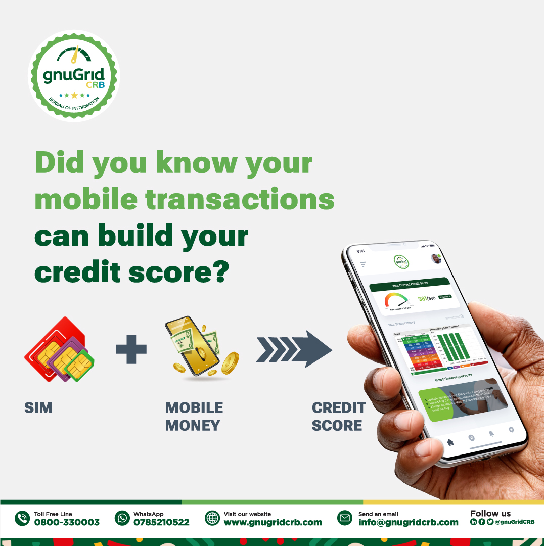 Your SIM card is more powerful than you think! With gnuGrid CRB, your everyday mobile money transactions—like sending cash, buying airtime, or paying bills—contribute to building your digital credit score.

We’re unlocking access to credit and making financial services inclusive,
