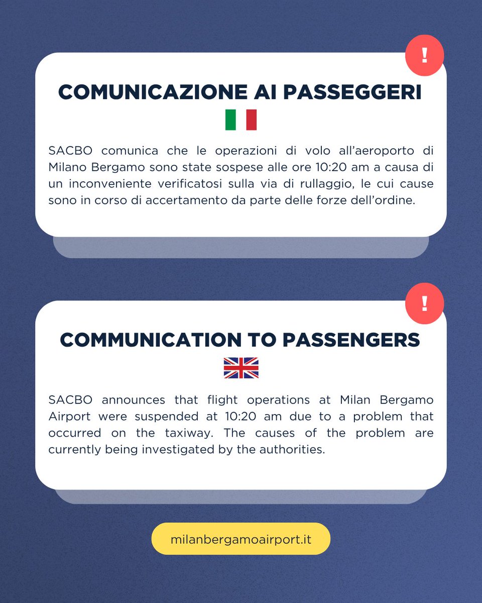 SACBO announces that flight operations at Milan Bergamo Airport were suspended at 10:20 am due to a problem that occurred on the taxiway. The causes of the problem are currently being investigated by the authorities.
