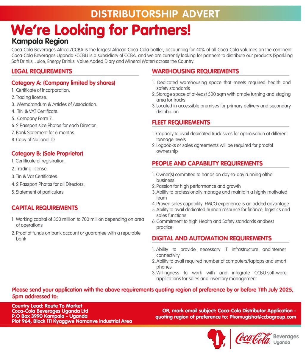 CocaColaBevUg's tweet image. Ready to grow with a global brand? 🚚
We’re looking for passionate partners to distribute our full range of Coca-Cola products across the Kampala Region.
if you have a vision to deliver refreshment to every corner and create shared value . This is your moment.
📅 Apply by 11th…