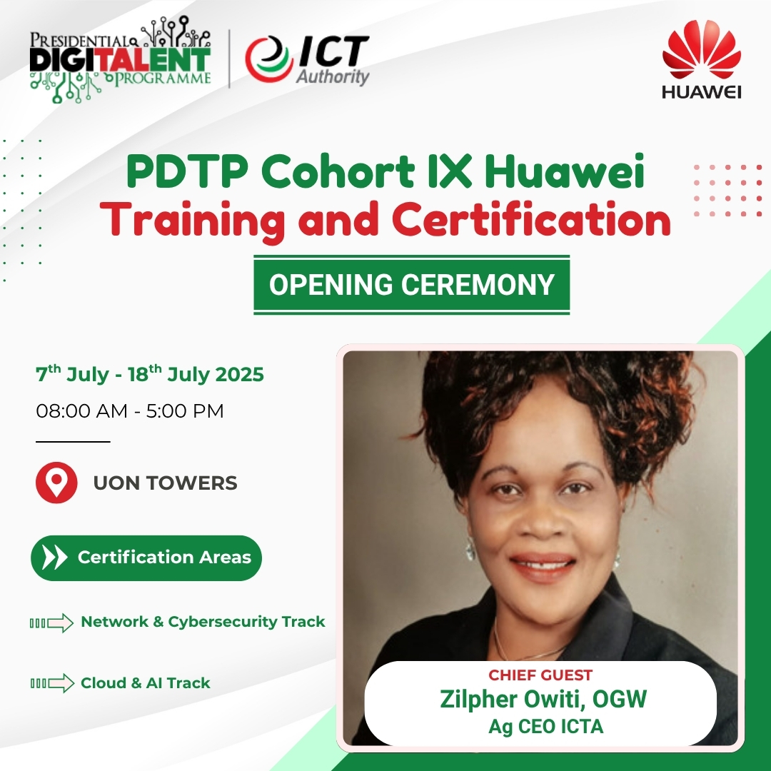 Presidential DigiTalent Programme (@digitalentkenya) on Twitter photo We as <a href="/ICTAuthorityKE/">ICT Authority</a> are excited to partner with <a href="/HuaweiKenya/">Huawei Kenya</a> to offer Certfications to our Digitalent Cohort IX interns. For the coming 10 days, our interns will benefit from Technical certifications in the fields of Network & Cyber Security and Datacom & AI. <a href="/uonbi/">University of Nairobi</a> We as <a href="/ICTAuthorityKE/">ICT Authority</a> are excited to partner with <a href="/HuaweiKenya/">Huawei Kenya</a> to offer Certfications to our Digitalent Cohort IX interns. For the coming 10 days, our interns will benefit from Technical certifications in the fields of Network & Cyber Security and Datacom & AI. <a href="/uonbi/">University of Nairobi</a>