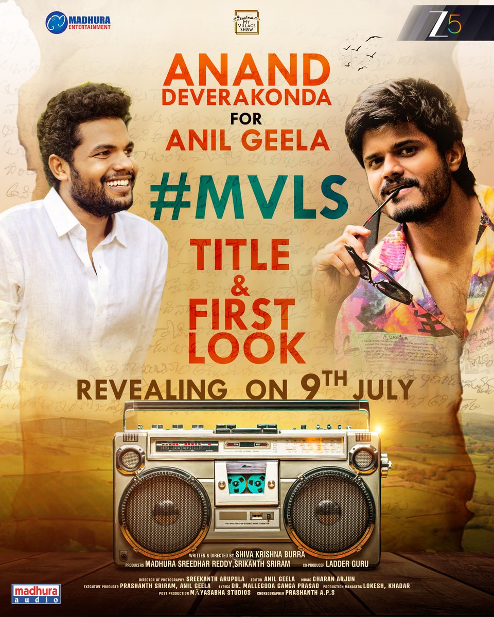 Madhura Audio (@madhuraaudio) on Twitter photo #MVLS – Title & poster launch tomorrow. Get ready to witness something special with @ananddeverakonda 🌟
<a href="/myvillageshow/">My Village Show</a> collab with <a href="/MadhuraET/">Madhura Entertainment</a>
Releasing on <a href="/ZEE5Telugu/">ZEE5 Telugu</a>
WRITTEN & DIRECTED by : @shivakrishnaburra
PRODUCERS : <a href="/madhurasreedhar/">Madhura Sreedhar Reddy</a> & #SriRamSrikanth #MVLS – Title & poster launch tomorrow. Get ready to witness something special with @ananddeverakonda 🌟
<a href="/myvillageshow/">My Village Show</a> collab with <a href="/MadhuraET/">Madhura Entertainment</a>
Releasing on <a href="/ZEE5Telugu/">ZEE5 Telugu</a>
WRITTEN & DIRECTED by : @shivakrishnaburra
PRODUCERS : <a href="/madhurasreedhar/">Madhura Sreedhar Reddy</a> & #SriRamSrikanth