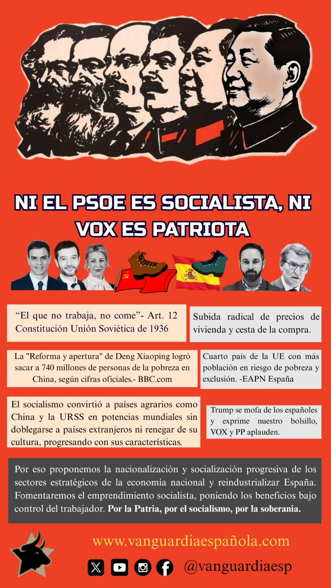 Frente al falso socialismo empobrecedor del PSOE y contra el falso patriotismo del liberalismo. 

¡NI PSOE NI VOX ESTÁN CON LOS OBREROS!

¡VANGUARDIA CON LA CLASE OBRERA!

¡ESPAÑA NO SE VENDE!

#PsoeOrganizaciónCriminal #PSOECorrupción #PSOE #PSOEmafia #vox #Patriots 

#soberania