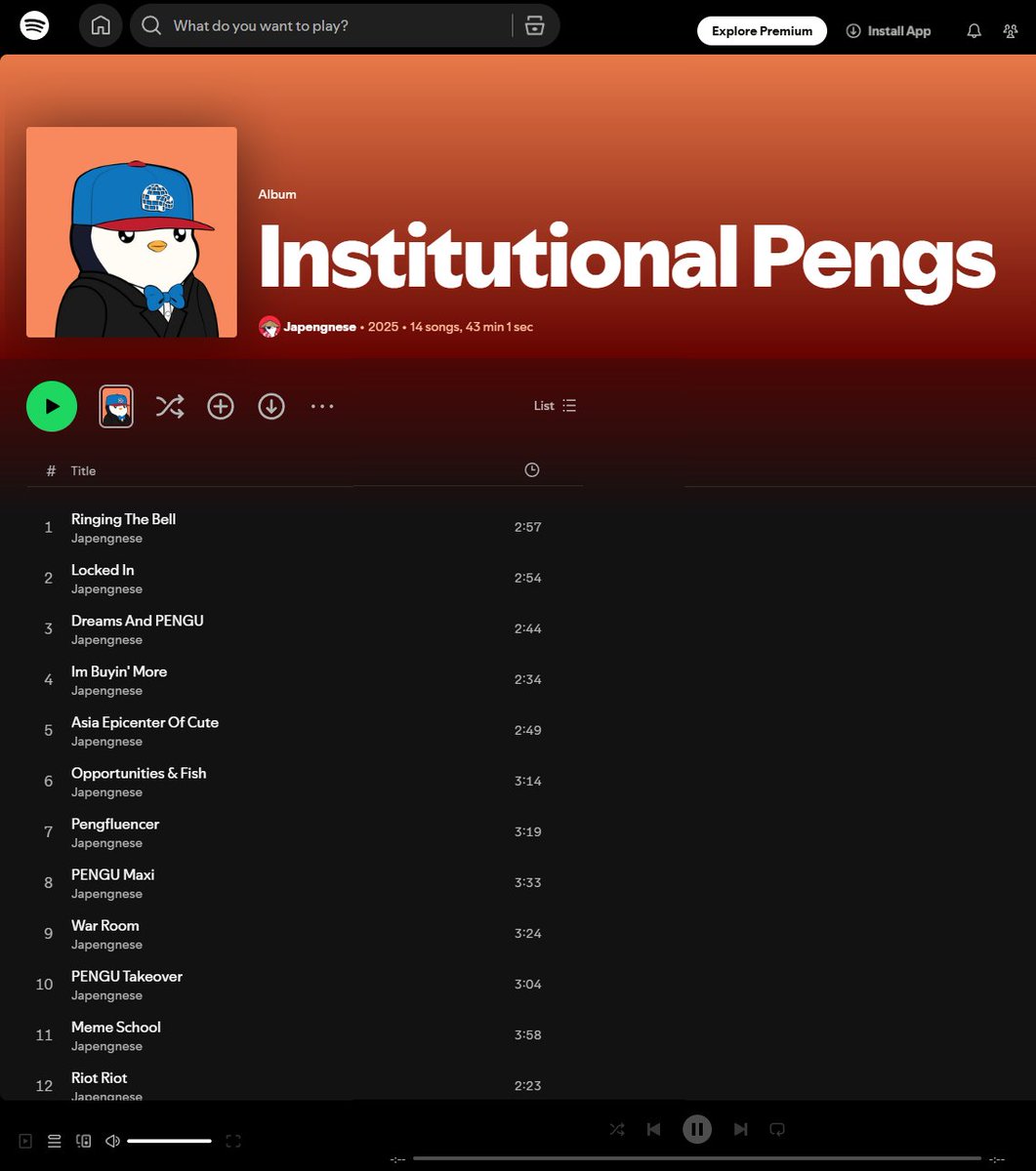 Its already out.

You can search "Institutional Pengs" on spotify or the URL below
open.spotify.com/album/36UIy20h…

Institutional Pengs! The suits have arrived and we are entering the age of institutional onboarding. I have tried to convey pudgy penguins themed lyrics into each song.