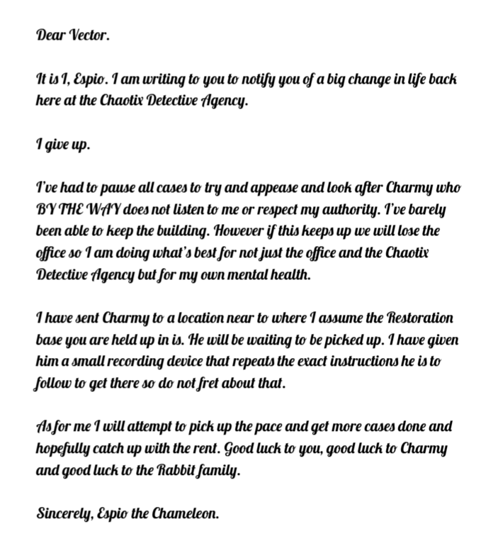 Kid_Chaotix's tweet photo. Espio made a big point about making sure dad sees this letter. So uh can someone show dad this? Goes by the Karma Collector in some zones in case you don't know him. https://t.co/ZWTh3FkZQd