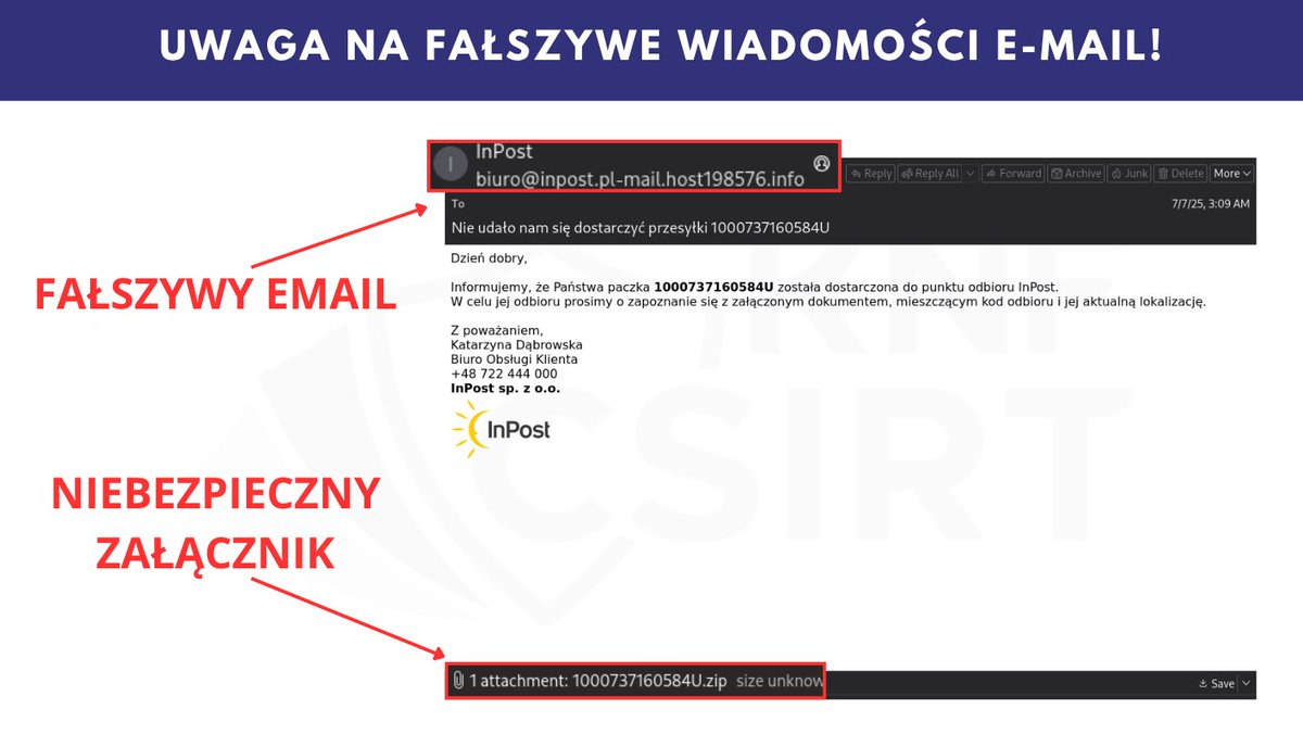 CSIRT_KNF's tweet photo. 🚨 Uwaga! Niebezpieczna kampania e‑mail podszywająca się pod @InPostPL .

📧 W wiadomościach oszuści informują o „niedostarczonej przesyłce” i zachęcają do otwarcia załącznika. 

Nie otwieraj – zawiera malware, który może przejąć Twoje dane logowania i inne poufne informacje.  

📌 Bądź czujny – nie daj się złapać!