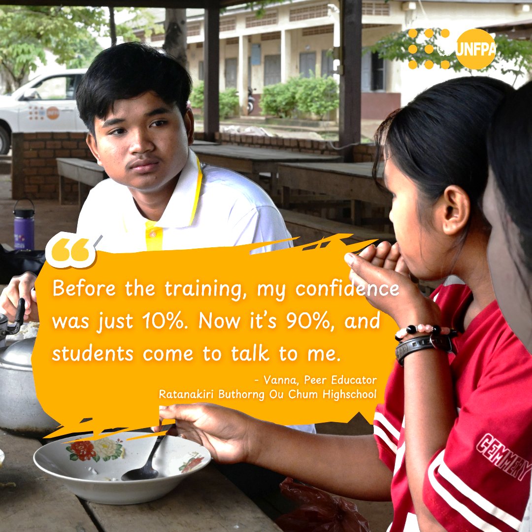 UNFPA Cambodia (@unfpacambodia) on Twitter photo At Buthorng Ou Chum High School, Ratanakiri, Vanna supports peers through listening and referrals.
UNFPA with <a href="/moeyscambodia/">MoEYS Cambodia</a> & Child Helpline Cambodia, supports training programs across schools. In 2024, 189 peer educators received training.
Full Story: bit.ly/3TNDWdv At Buthorng Ou Chum High School, Ratanakiri, Vanna supports peers through listening and referrals.
UNFPA with <a href="/moeyscambodia/">MoEYS Cambodia</a> & Child Helpline Cambodia, supports training programs across schools. In 2024, 189 peer educators received training.
Full Story: bit.ly/3TNDWdv