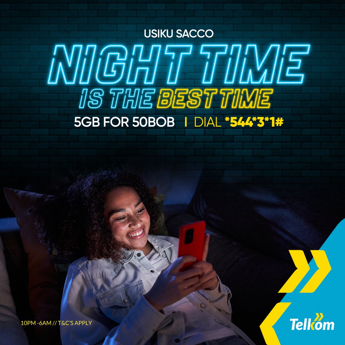 Join the nocturnal squad with #UsikuSacco! Get 5GB at just 50 bob and own the night yours. Watch your favorite sport,  or simply browse through the night, #UsikuSacco as you covered. Just dial *544*3*1# and own the night.