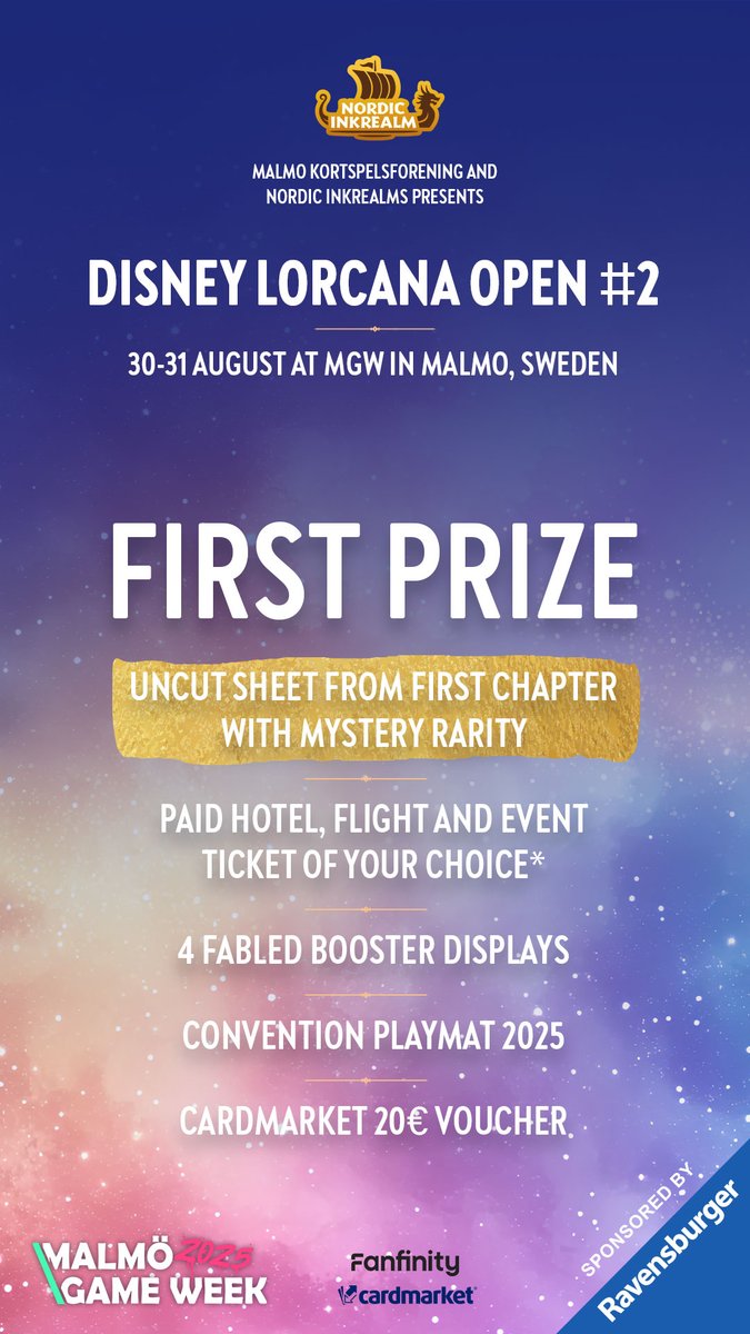 fanfinity_lor's tweet image. Disney Lorcana Open #2 at Malmo Game Week – 1st Place Prizes Revealed!
Check them out! 👀
• Uncut First Chapter sheet (mystery rarity)
• Trip to a Disney Lorcana event – flight, hotel & entry paid*
• Trophy
• 4 Fabled displays
• 2025 Convention Playmat
• 20€ Cardmarket…
