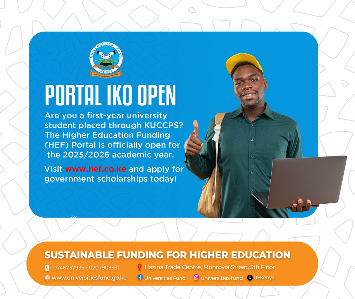 HEF Portal is now open! 🎓

First-year KUCCPS students, apply for your government scholarship for 2025/2026 now.

👉 hef.co.ke

#HEFPortal #ScholarshipsKE #UniversitiesFund