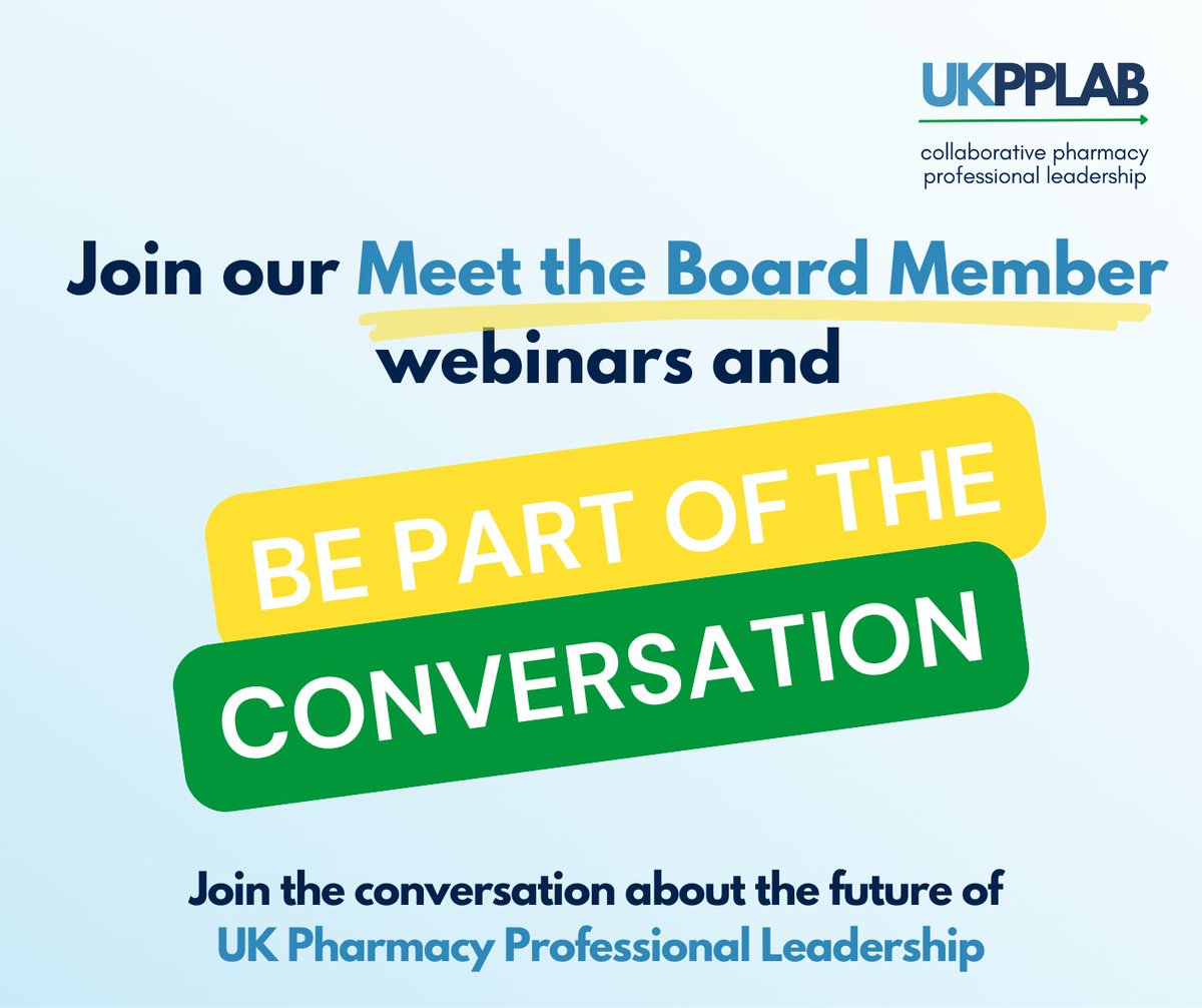 UK Pharmacy Professional Leadership (@ukpplboard) on Twitter photo 📢 Just a few days left to register for the first of our Meet the Board Member webinars. Where you can chat to members of the <a href="/ukpplboard/">UK Pharmacy Professional Leadership</a> about the future of professional leadership and what matters to you... eventbrite.co.uk/cc/meet-the-bo…
#Pharmacy #ProfessionalLeadership #CoCreation 📢 Just a few days left to register for the first of our Meet the Board Member webinars. Where you can chat to members of the <a href="/ukpplboard/">UK Pharmacy Professional Leadership</a> about the future of professional leadership and what matters to you... eventbrite.co.uk/cc/meet-the-bo…
#Pharmacy #ProfessionalLeadership #CoCreation