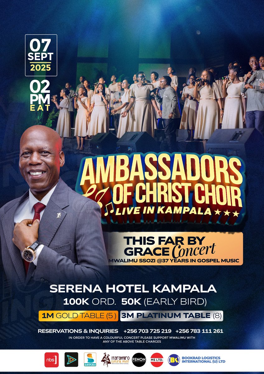 Sanyuka TV (@sanyukatv) on Twitter photo 37 years of ministry, music,& miracles. Come witness the power of Grace on 7th Sep at Kampala Serena Hotel.
The legendary Mwalimu Ssozi celebrates his journey in gospel music at the #ThisFarByGraceConcert, featuring the powerful voices of the <a href="/ambassadorsrw/">Ambassadors of Christ Choir</a>.
#SanyukaUpdates 37 years of ministry, music,& miracles. Come witness the power of Grace on 7th Sep at Kampala Serena Hotel.
The legendary Mwalimu Ssozi celebrates his journey in gospel music at the #ThisFarByGraceConcert, featuring the powerful voices of the <a href="/ambassadorsrw/">Ambassadors of Christ Choir</a>.
#SanyukaUpdates