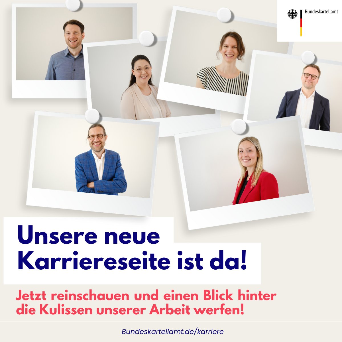Unsere neue Karriereseite ist live! Jetzt geht’s noch schneller ans Ziel mit allen wichtigsten Infos und Benefits im Überblick.

👀 Neugierig, wie’s bei uns wirklich läuft? Mit der neuen Seite geben wir auch einen Blick hinter die Kulissen des Bundeskartellamtes:
👩‍💻 Was macht man