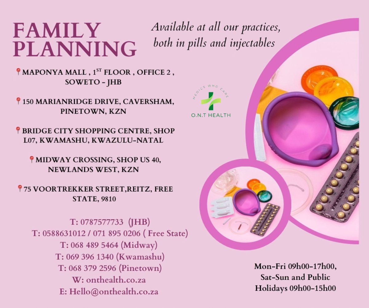 MedicsWhoCare's tweet image. Family planning, Available at all our practices : Pills and Injectables, including Depo and Nur-isterate 💉✨
Make your way to any of our practices for the contraceptive that best suits you, today.
By Dr. O.N Vilakazi @OlwethuVilakazi
