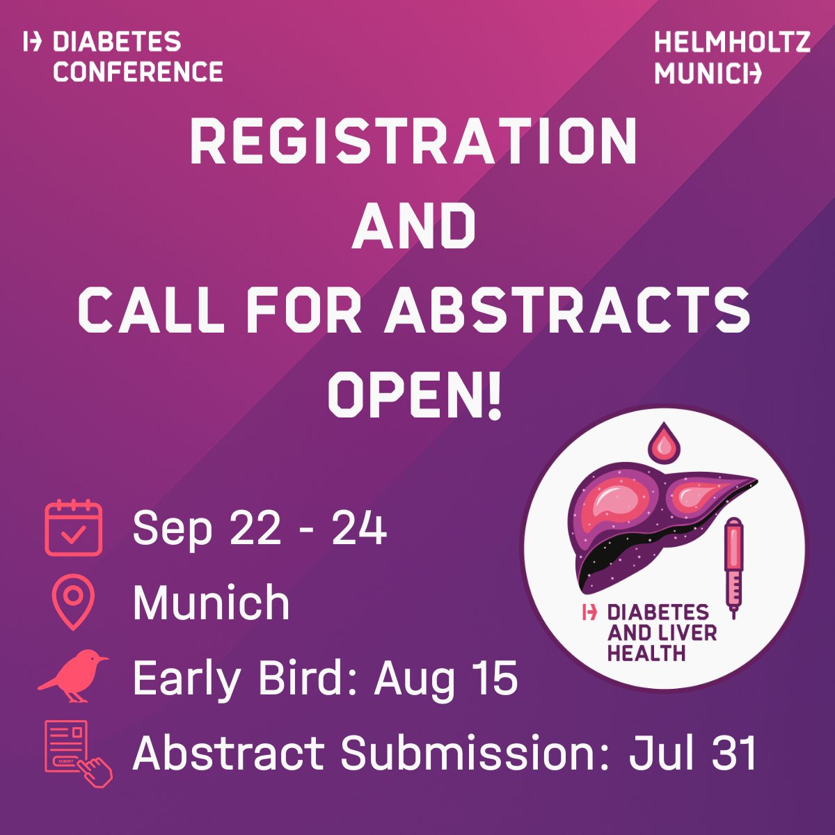 Helmholtz Diabetes Center (HDC) (@helmholtz_diabc) on Twitter photo ๐ข#Registration for the 12th Helmholtz Diabetes Conference (Munich, Sept 22โ24) is now ๐๐๐๐!
๐ฆ Donโt miss the #EarlyBird discount, available until Aug 15!
๐งฌ Submit your #abstract by July 31 to be part of our #Poster or #FlashTalk Sessions.
๐helmholtz-munich.de/en/diabetes-coโฆ ๐ข#Registration for the 12th Helmholtz Diabetes Conference (Munich, Sept 22โ24) is now ๐๐๐๐!
๐ฆ Donโt miss the #EarlyBird discount, available until Aug 15!
๐งฌ Submit your #abstract by July 31 to be part of our #Poster or #FlashTalk Sessions.
๐helmholtz-munich.de/en/diabetes-coโฆ