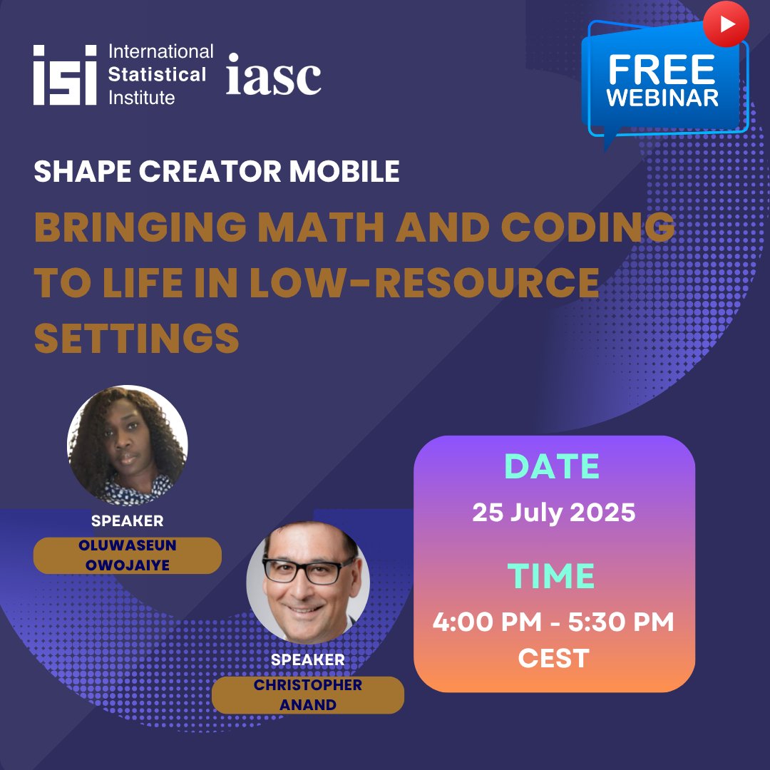 Join the IASC webinar: Shape Creator Mobile – Bringing Math &amp; Coding to Life in Low-Resource Settings

25 July 2025 | 16:00–17:30 PM CEST

Register: isi-web.org/webinar/iasc-s…

#STEM #DataScience #IASC #Statistics