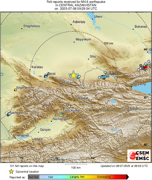 LastQuake's tweet photo. #Earthquake 23 km W of #Merke (#Kazakhstan) 29 min ago (local time 14:29:54). Updated map - Colored dots represent local shaking & damage level reported by eyewitnesses. Share your experience:
📱https://t.co/QMSpuj6Z2H
🌐https://t.co/kufdfrB4t9 https://t.co/DseeKnz6Wp