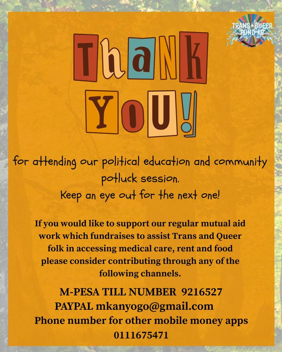 Our last session was powerful but the work continues. 💪🏽
We’re still raising funds to support Trans &amp; Queer folks with rent, food &amp; healthcare.

We haven’t hit our target yet your support gets us closer.
Donate. Share. Show up. 🖤🏳️‍⚧️🏳️‍🌈

#TransQueerFundKe #Mutualaid