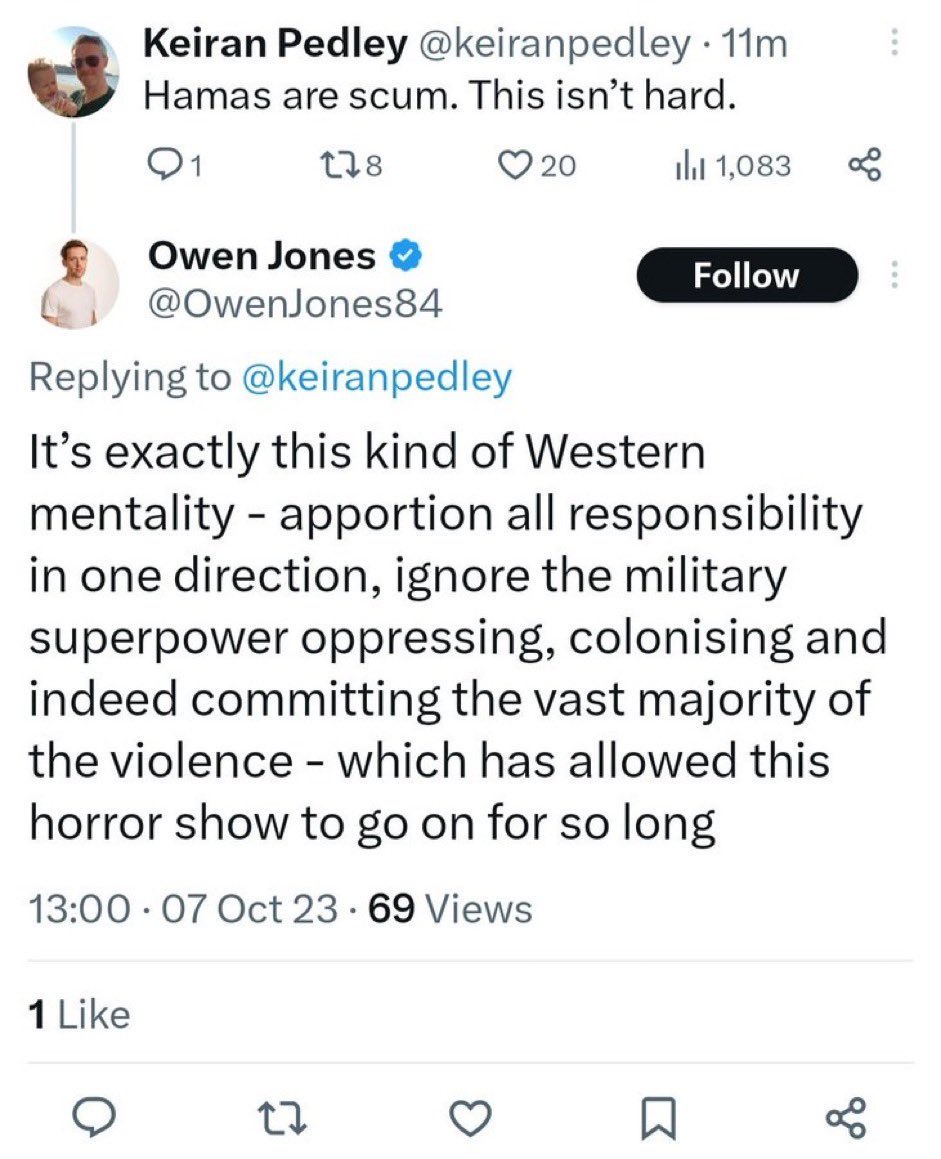 A reminder - Owen Jones posted in support of Hamas while the terrorists were in the process of murdering, raping and kidnapping Israelis.