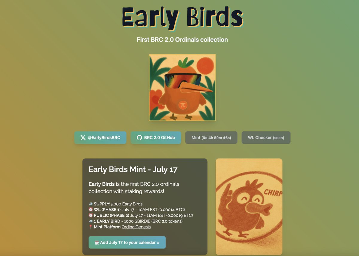 GM Birdies! How are you today?

Website launched: chirpchirp.xyz

WL CHECKER ready tomorrow 👀

CHIRP🐦🐦🐦