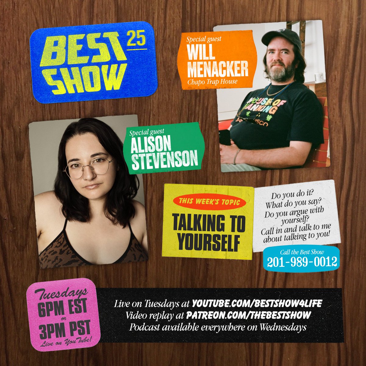 bestshow4life's tweet image. Today on THE BEST SHOW:
🦂 @willmenaker talks the new @CHAPOTRAPHOUSE comic anthology!
🏄♀️ @JustAboutGlad !
and the topic: TALKING TO YOURSELF. Do you do it? We all do it! What do you say? Do you argue with yourself?
Call in and talk to @scharpling about talking to you!