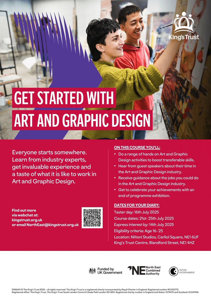 Volunteer Centre Newcastle (@vcnewcastle) on Twitter photo π¨ Get Started with Art & Graphic Design β Referrals Open! ποΈ
π Newcastle | Taster Day: 16th July | Programme: 21β25th July
π¨ Activities include street art, painting, digital design
π£οΈ Guest speakers & end-of-week exhibition
π© beth.salkeld@kingstrust.org.uk π¨ Get Started with Art & Graphic Design β Referrals Open! ποΈ
π Newcastle | Taster Day: 16th July | Programme: 21β25th July
π¨ Activities include street art, painting, digital design
π£οΈ Guest speakers & end-of-week exhibition
π© beth.salkeld@kingstrust.org.uk