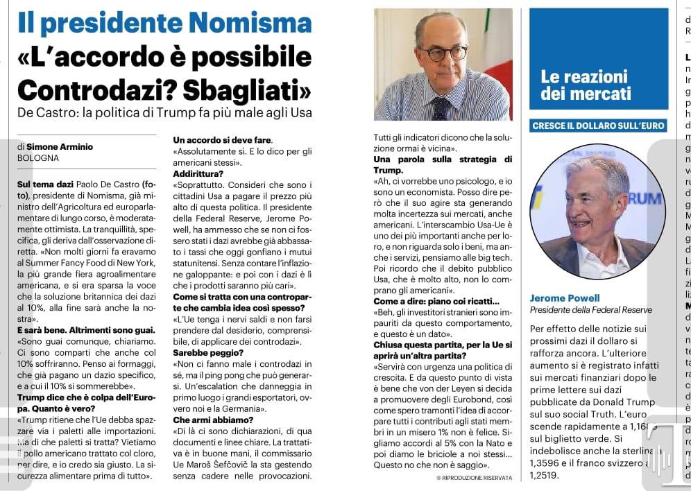 Paolo De Castro (@paolodecastro) on Twitter photo Oggi su <a href="/restodelcarlino/">Il Resto del Carlino</a> parlo di #dazi e rapporti transatlantici:
✔️ Accordo possibile, controdazi sbagliati
✔️ La strategia di #Trump crea incertezza, danneggia anche gli Usa
✔️ L’#Europa ha bisogno di più coraggio, avanti con gli EuroBond per la difesa
Serve lucidità, non Oggi su <a href="/restodelcarlino/">Il Resto del Carlino</a> parlo di #dazi e rapporti transatlantici:
✔️ Accordo possibile, controdazi sbagliati
✔️ La strategia di #Trump crea incertezza, danneggia anche gli Usa
✔️ L’#Europa ha bisogno di più coraggio, avanti con gli EuroBond per la difesa
Serve lucidità, non