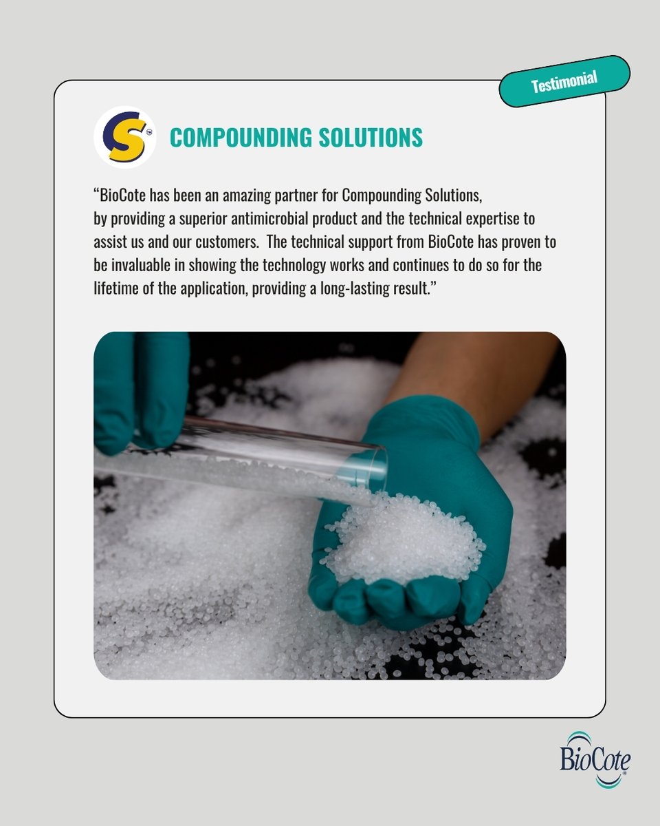 Real support. Real results

Compounding Solutions shares how BioCote® delivers lasting antimicrobial performance and trusted technical support. 
Technology that proves its value over time.

🔗 eu1.hubs.ly/H0lsmTX0
#BuiltInProtection #TrustedPartners #PlasticsIndustry