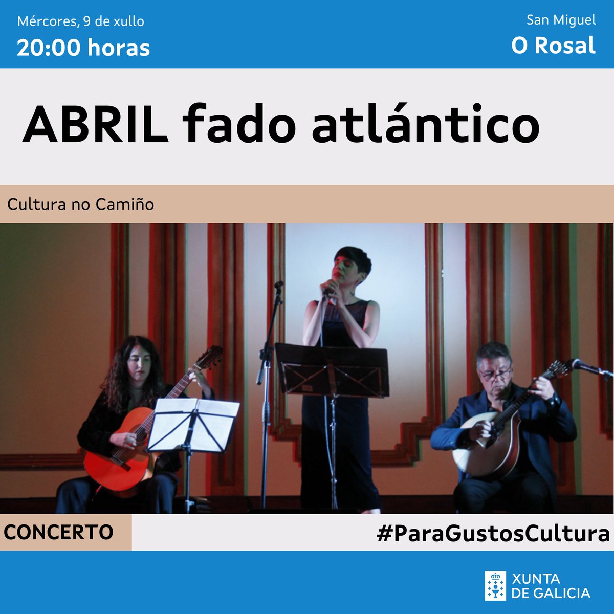 🎶 Mércores de concerto!

🪕A proposta de #CulturaNoCamiño no Rosal vai desde o tango á música clásica coa instrumentación típica do fado portugués. Unha viaxe polas melodías de diversos territorios con Portugal como protagonista

ℹ️cultura.gal/gl/axenda 
#ParaGustosCultura