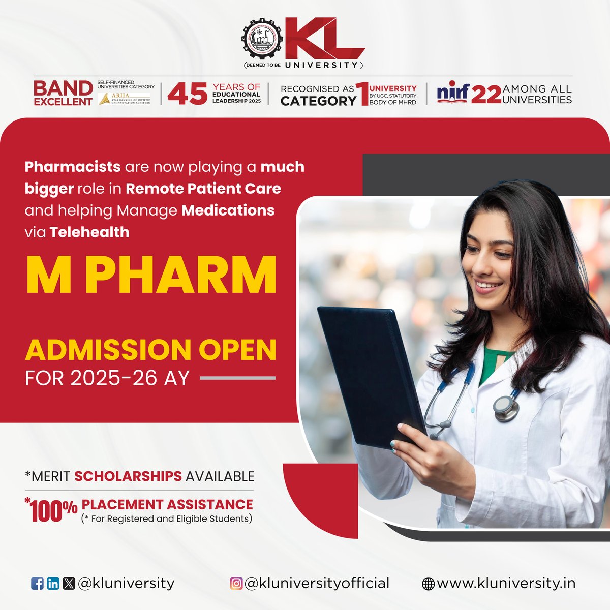 Advance your pharmacy career with our M.Pharm program. Lead in telehealth, digital therapeutics, and remote patient care. Shape the future of healthcare—anytime, anywhere.

kluniversity.in/admissions-202…

#KLU #WeAreFutureReady #topuniversityinIndia #mpharmadmissions #mpharm2025