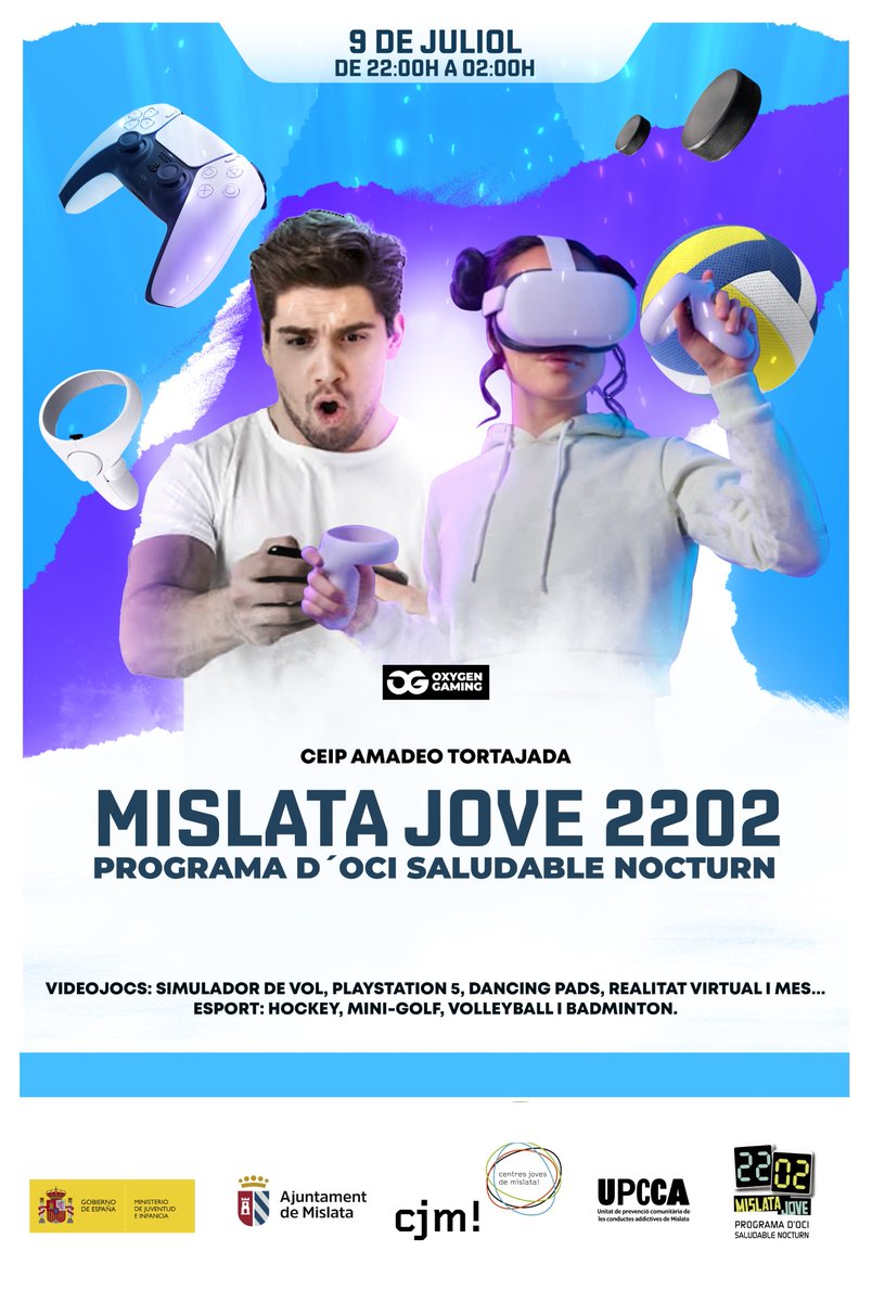 🌝🎮 ÚLTIMA NIT D’OCI NOCTURN A MISLATA! 
No te perdes l’última sessió del Mislata Jove 22.02!! 🎉

🗓️ Dimarts 9 de juliol
🕙 De 22:00 h a 02:00 h
📍 CEIP Amadeo Tortajada

🎟️ Si tens entre 12 i 30 anys RECULL LA TEUA POLSERA: fins al 9 de juliol, als Centres Joves