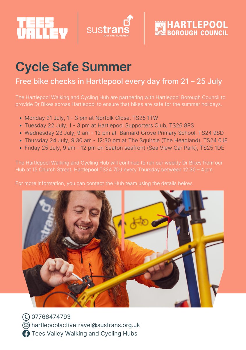 🚴𝗛𝗮𝘃𝗲 𝘆𝗼𝘂𝗿 𝗯𝗶𝗸𝗲 𝗰𝗵𝗲𝗰𝗸𝗲𝗱 𝗳𝗼𝗿 𝗳𝗿𝗲𝗲🚴

We've joined forces with the Hartlepool Walking and Cycling Hub to help people ensure their bikes are safe this summer.