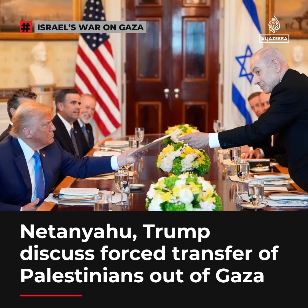 AJEnglish's tweet image. Israeli PM Benjamin Netanyahu has met US President Donald Trump at the White House, with the two leaders repeating their controversial proposal to forcibly transfer thousands of Palestinians out of the Gaza Strip.

🔗: aje.io/ljkdqt