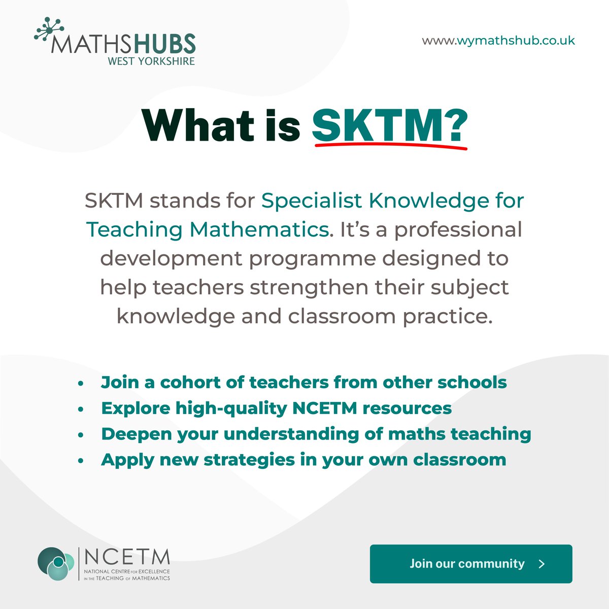 What is SKTM?
Specialist Knowledge for Teaching Mathematics (SKTM) helps teachers deepen their subject knowledge and classroom practice through collaborative, school-based learning.
📈 Invest in your professional development — join one of our SKTM Work Groups today!   
🔗