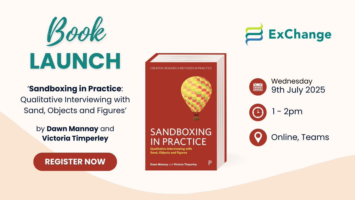 exchangewales's tweet image. New Book Launch Tomorrow! 📚
Sandboxing in Practice: Qualitative Interviewing with Sand, Objects and Figures, with authors Dr Dawn Mannay and Victoria Timperley.
📅 Weds 9th July
⏰ 1 - 2pm
📍 Online, Teams
Find out more and sign up:
buff.ly/wlmE718