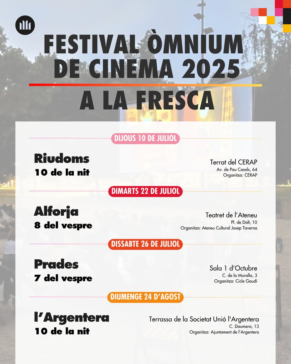 🎬Aquest juliol i agost estrenem el Festival Òmnium de Cinema a la fresca a quatre poblacions del Baix Camp, on podrem gaudir d'una selecció dels curtmetratges guanyadors de la 9a edició del Festival Òmnium de Cinema.

Arriba l'estiu i que millor que gaudir de cinema a la fresca!