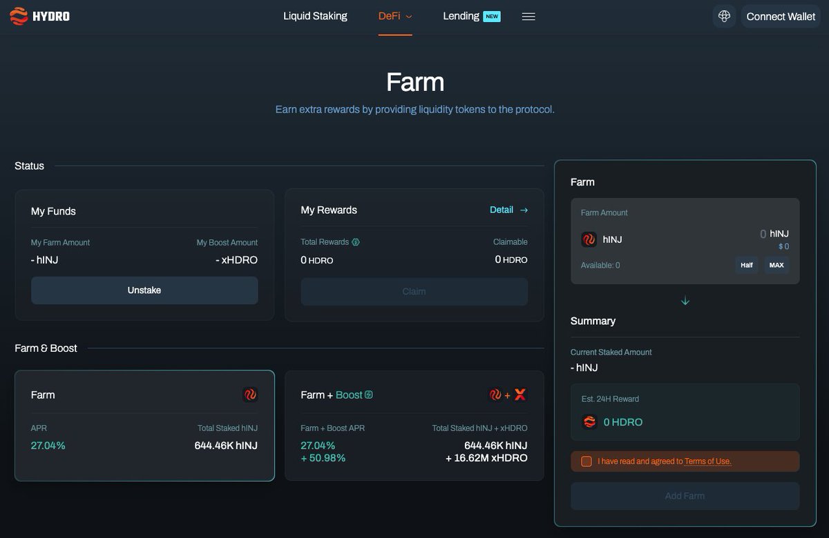 Driving another 4K $hINJ farmed in just 1 day

Still offering the highest APR on Hydro at 26.6%.

Check your Farm My Rewards daily, claim what you’ve earned, and don’t forget: you can also supply your $HDRO on Lending to earn even more.

Make every reward count. 🌾