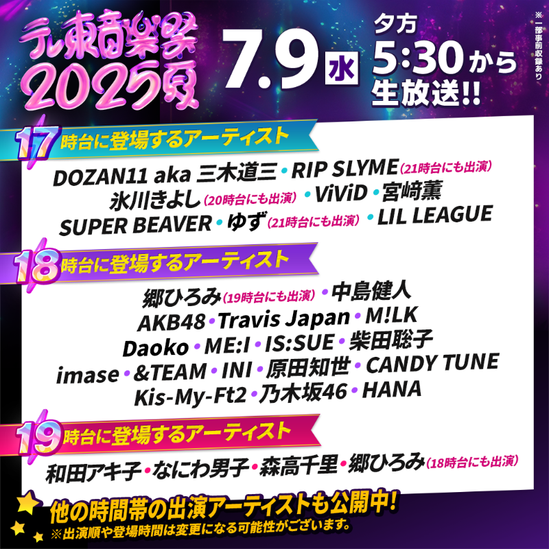 teretoongakusai's tweet photo. テレ東音楽祭 2025夏🌻

📢17,18,19時台タイムテーブルを発表🎉
※出演順や登場時間などは変更になる可能性があります

テレ東が映らない…そんな地域の方も😉
リアルタイム配信あります💌👉 https://t.co/02yd8OwR52

放送中、限定コンテンツを
どんどん投稿予定‼お楽しみに🌈
