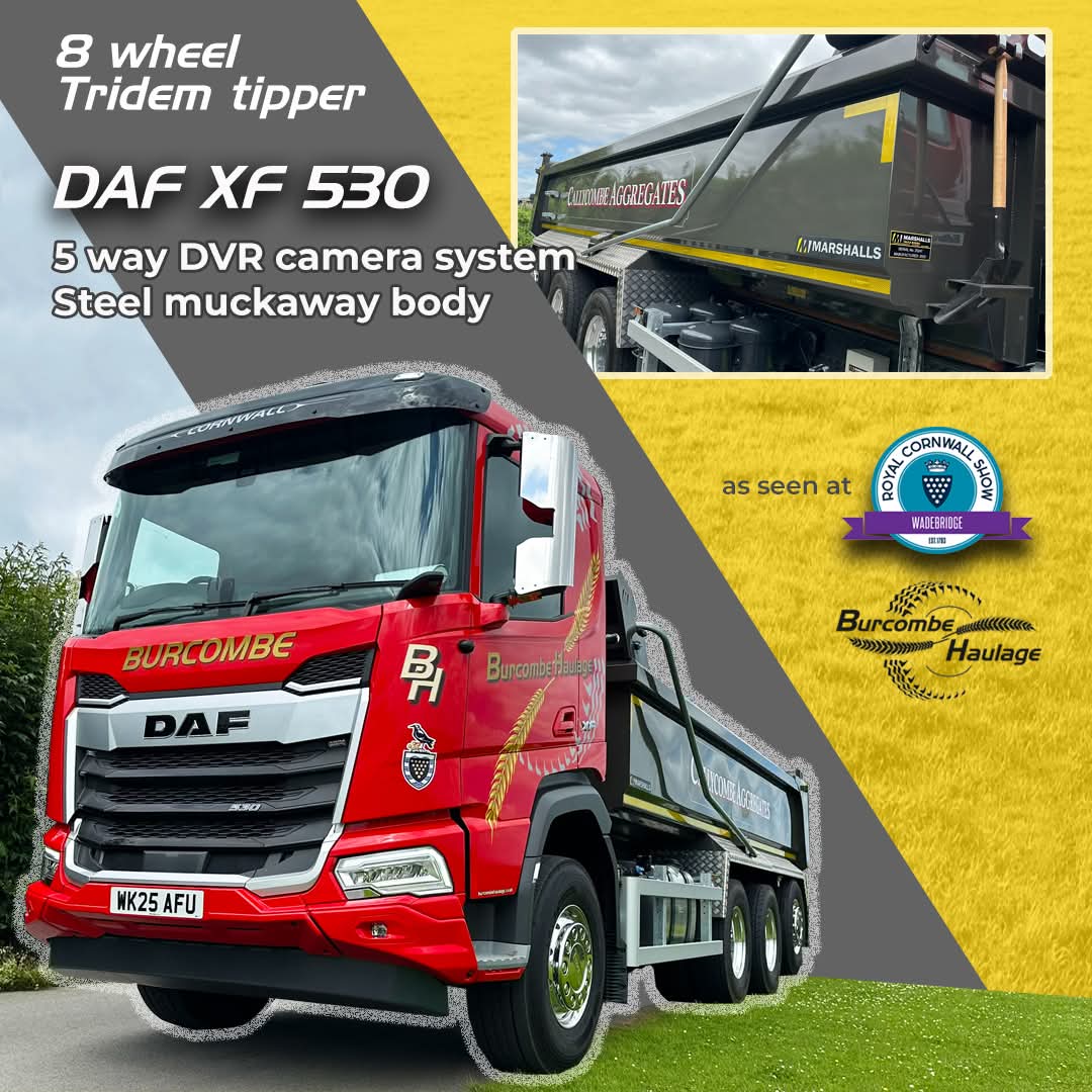 Our new DAF XF 530 tridem tipper has been worked hard since its debut at The Royal Cornwall Show. 
Supplied by Adams Morey Heathfield, it features a 5 way DVR camera system fitted by Auto Electric and a Marshalls steel muckaway body supplied by Marshalls Bodies.