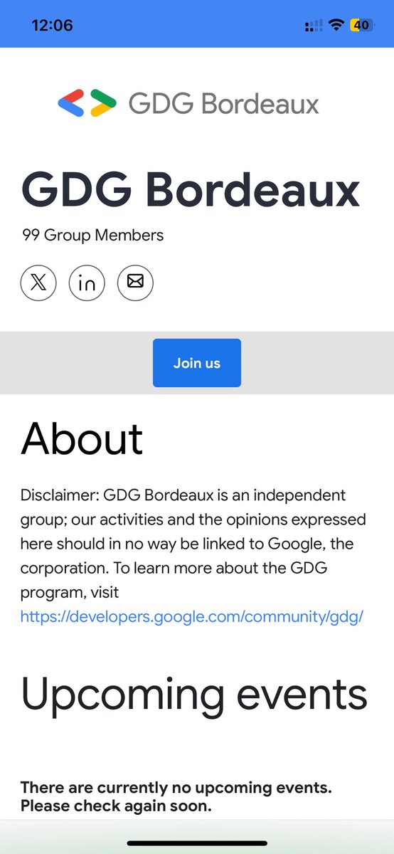 Dernière étape avant de passer les 100 membres enregistrés dans le GDGBordeaux !

Vous avez oublié de rejoindre le groupe ? Soyez le 100eme en cliquant sur ce lien:

gdg.community.dev/gdg-bordeaux/