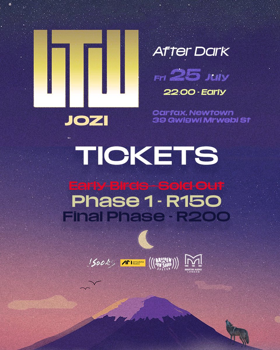 UtwEvent's tweet image. Early Bird Tickets are officially Sold Out Wolf Pack🐺🌌🌃. Phase 1 Tickets still available. We are getting closer to our winter banger at @carfaxnewtown with some exciting b2b performances not to be missed. 🎫🎟 Link ⬇️
howler.co.za/utw_afterdark_…