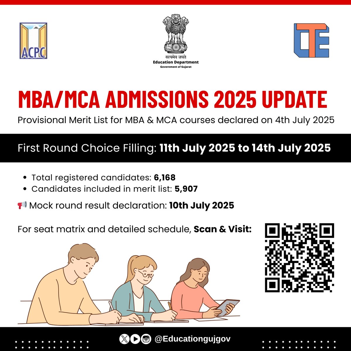 🎓 MBA/MCA Admissions 2025 Update

Provisional Merit List for MBA and MCA courses declared on 04/07/2025.

Mock round result declaration: 10/07/2025
First Round Choice Filling: 11/07/2025 to 14/07/2025

For seat matrix and detailed schedule, visit: acpc.gujarat.gov.in/mba-mca-courses

#ACPC