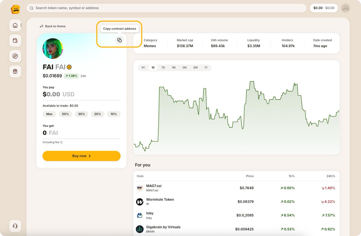tradewithbread's tweet photo. copying a contract address, switching tabs, then going back to check if it's correct is a PAIN. 

at bread, we just scrapped that. 🙌🏼

now you can copy any token’s contract address straight from the page - fast. clean. no doubt.

and we’re not done baking. stay posted. 🍞